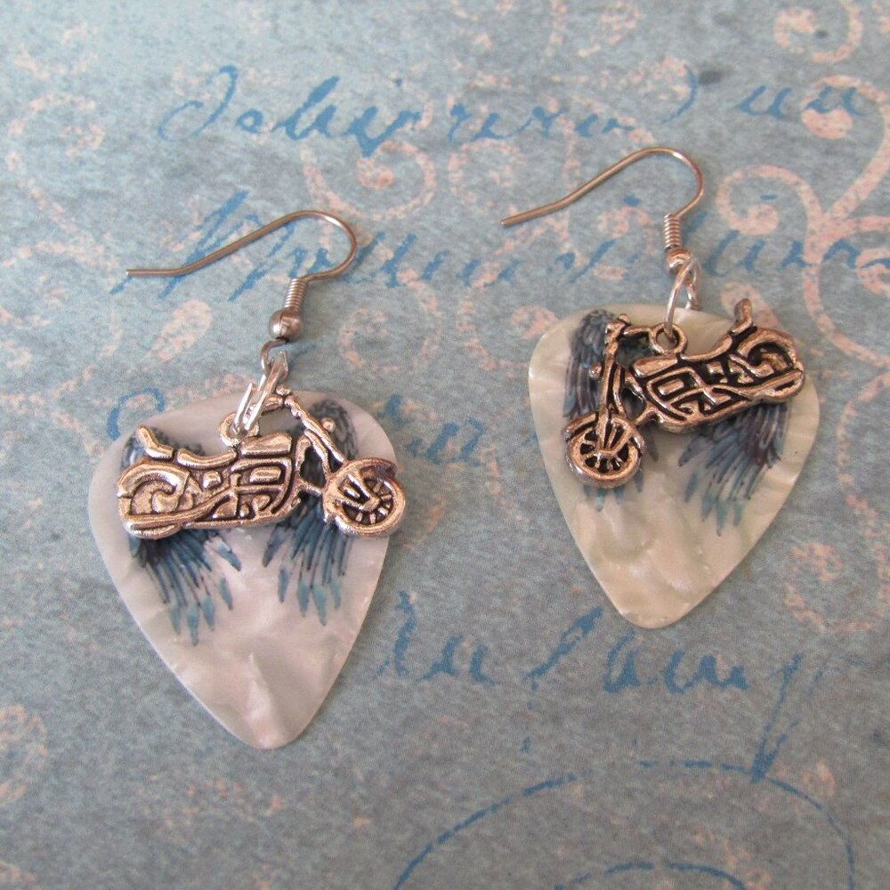 Mother of Pearl Angel Wings Guitar Pick & Motorcycle Charm Earrings